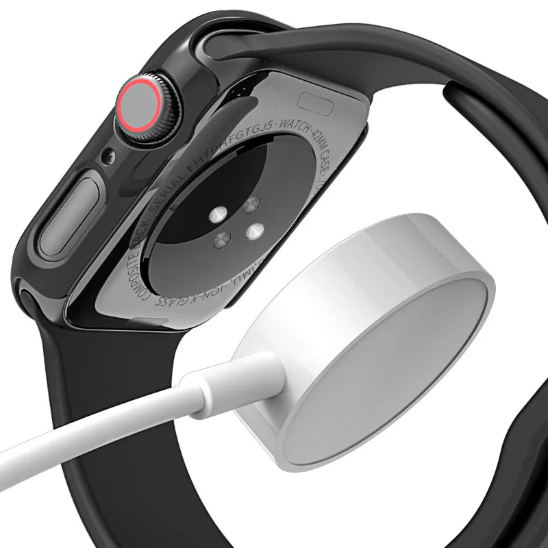 Close-up of an Apple Watch with protective case and charging cable, showcasing stylish design and functionality.