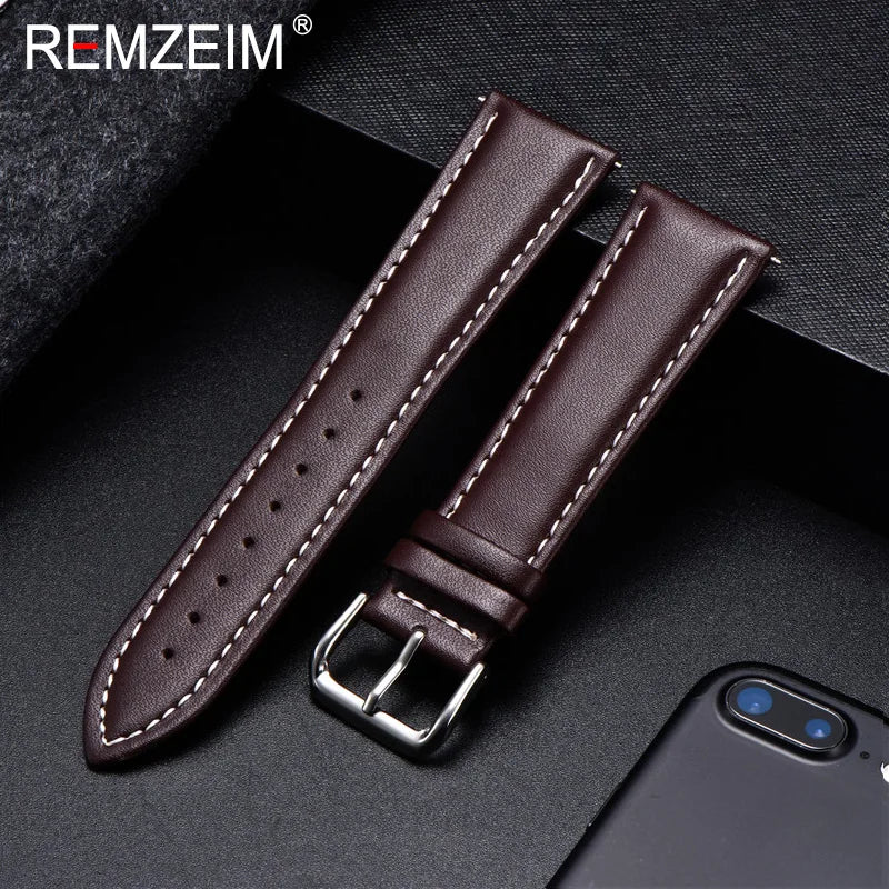 Polar Calfskin Leather Watch Band with Silver Buckle — Brown leather with white stitching