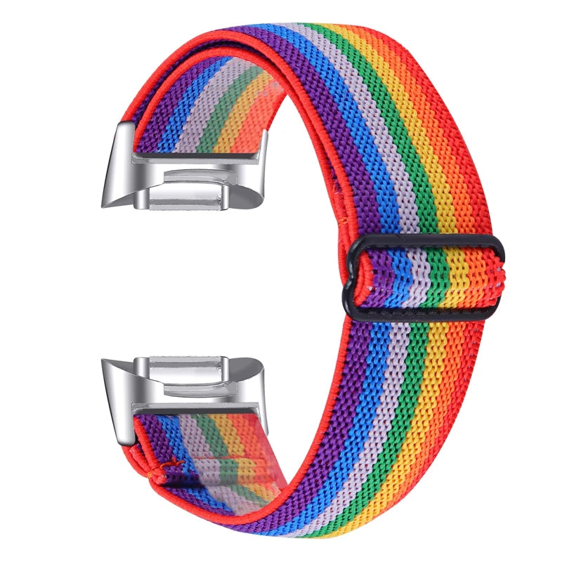 Colorful rainbow nylon strap for smartwatch designed for comfort and style, perfect for bandsco straps.
