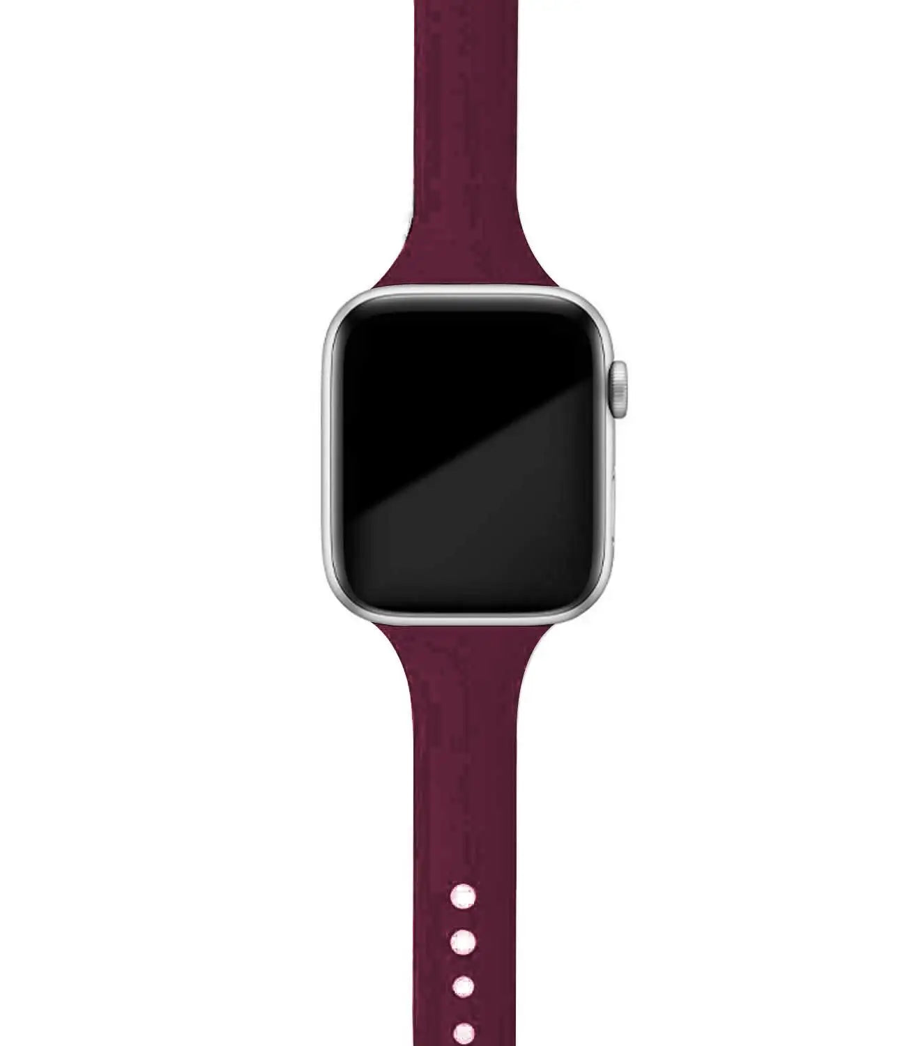 Apple Watch with burgundy silicone band, soft and versatile design for everyday comfort and style.