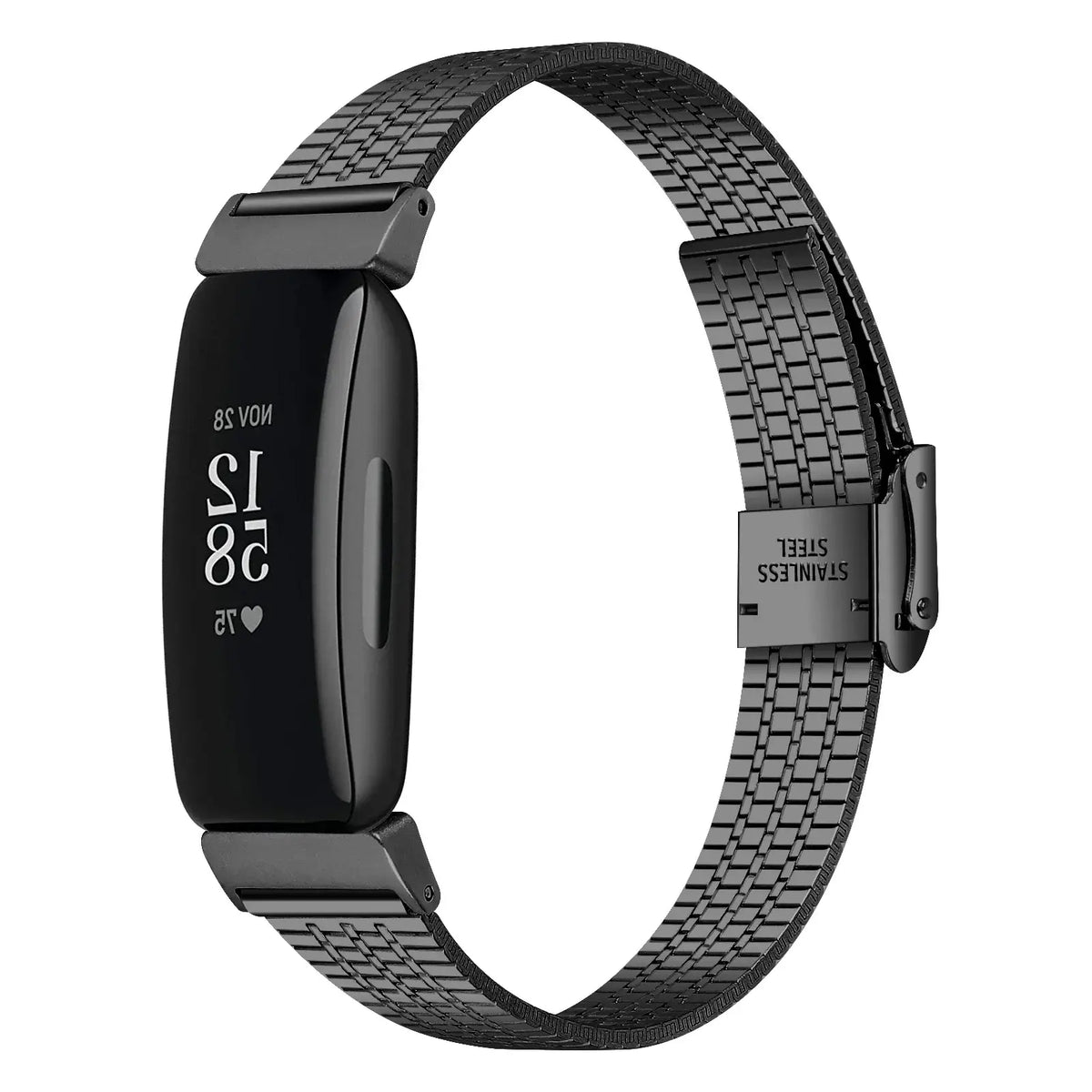 Fitbit Inspire 1/2/HR Fine-Link Steel Clasp Band - Black bracelet angled view
