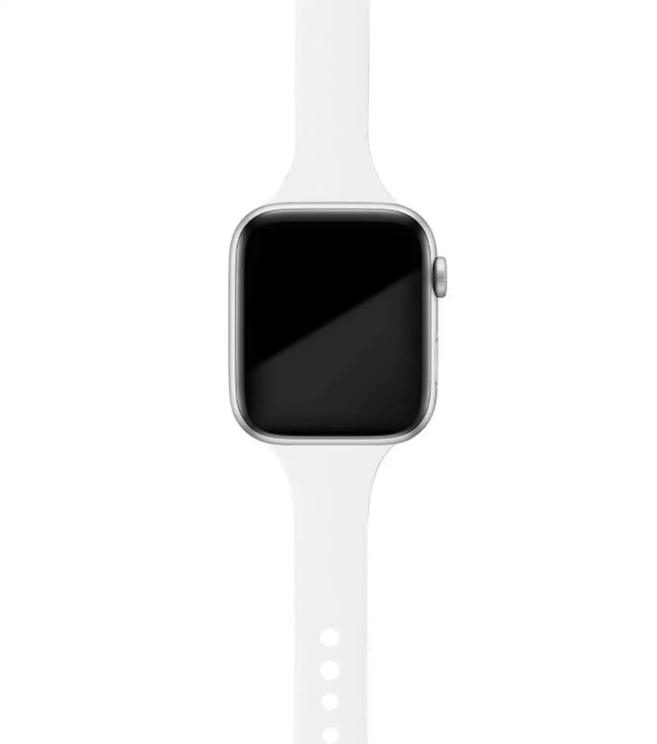 Apple Watch with a soft white silicone band, perfect for comfort and versatility in daily wear.