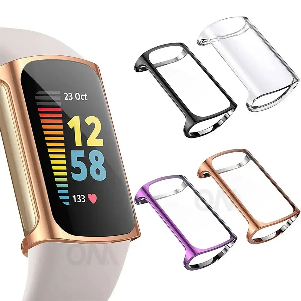 Stylish screen protector cases for Fitbit Charge 5-6 in multiple colors, enhancing durability and style for fitness tracking.