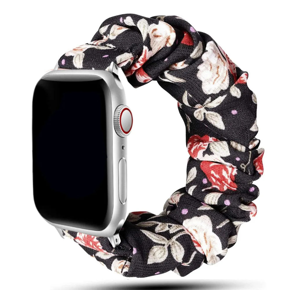Apple Watch Scrunchie Strap in floral design, soft elastic nylon loop band for stylish and comfortable daily wear.