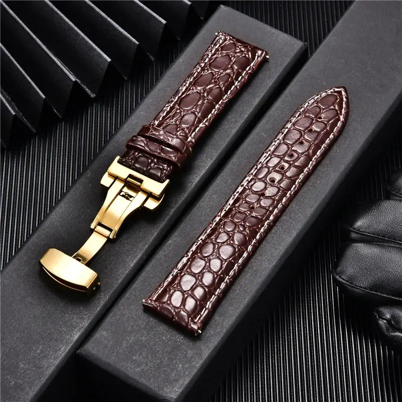 Dark brown embossed leather strap with gold clasp for compatible Huawei watches