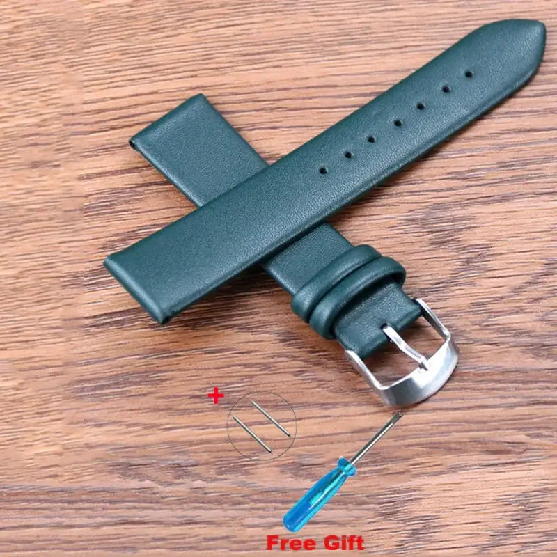 Quality green leather strap for Samsung Galaxy watches with silver buckle, includes free tool gift for easy installation.
