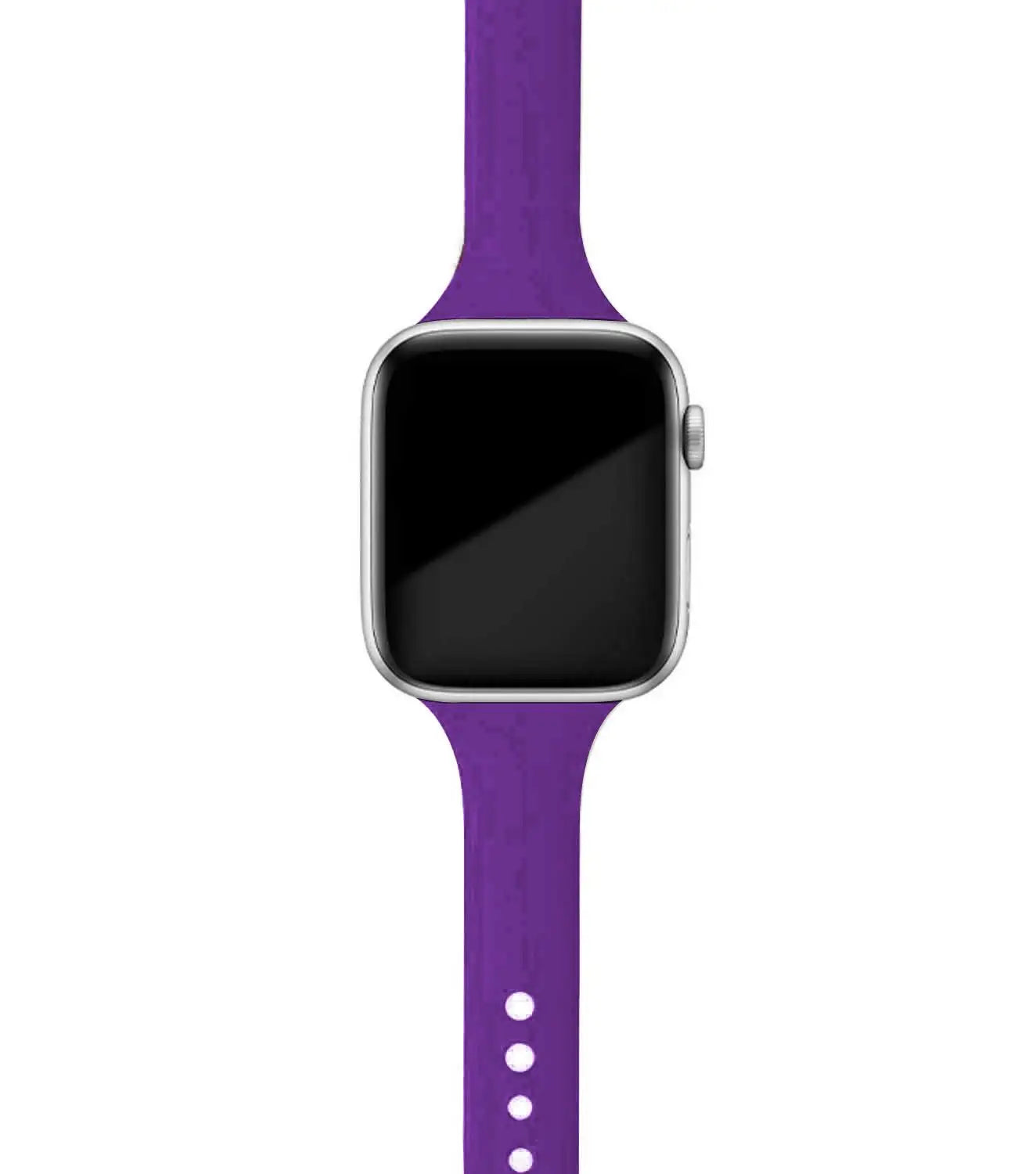 Apple Watch with a purple silicone band, soft and comfortable for daily wear.