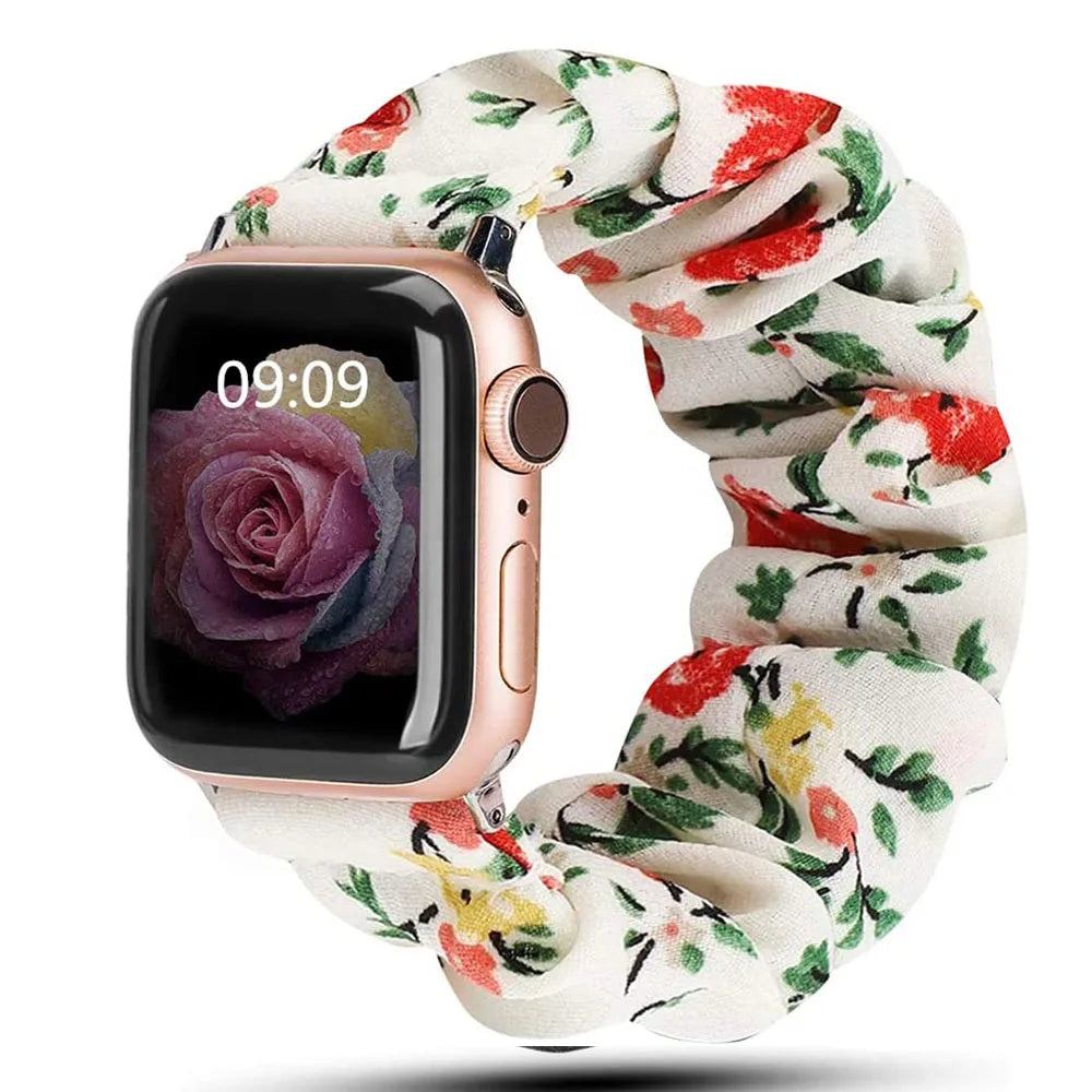 Apple Watch Scrunchie Strap featuring a floral soft elastic nylon band for stylish and comfortable daily wear.