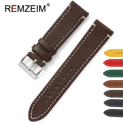 Brown leather Ticwatch band with white stitching and silver buckle, showcasing various color options.