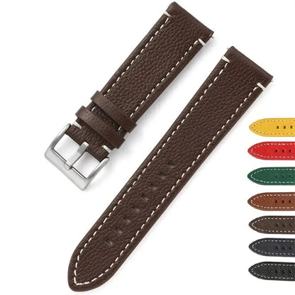Brown leather Suunto watch band with contrasting stitching and silver buckle, featuring various color options.