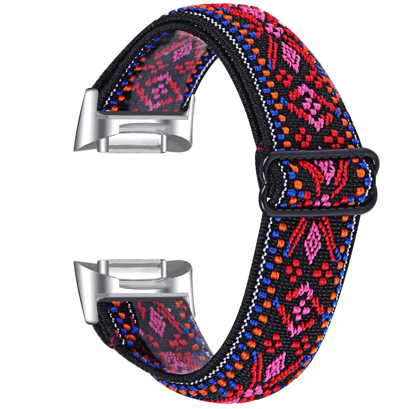 Colorful nylon strap for smartwatch, designed for Fitbit Charge 6, featuring an elastic sporty pattern.