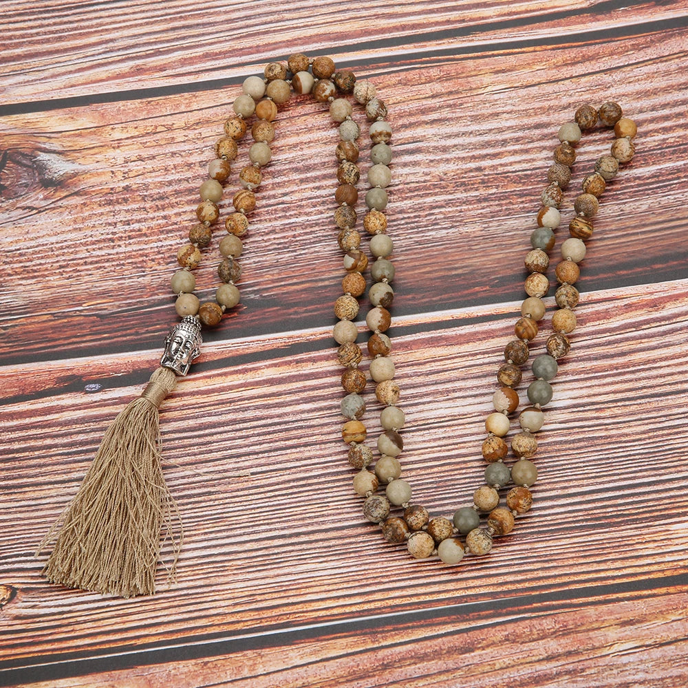 Picture Jasper Mala Necklace, 108 Beads