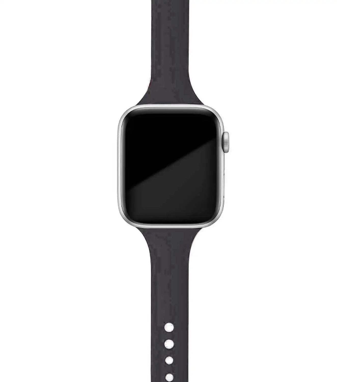 Apple Watch with black silicone band, showcasing a soft and comfortable design for everyday use.