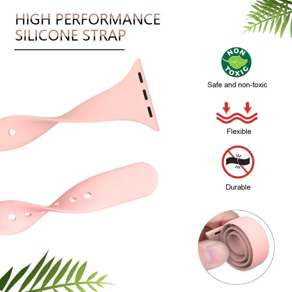 High performance pink silicone strap for Apple Watch, flexible, non-toxic, and durable for everyday use.