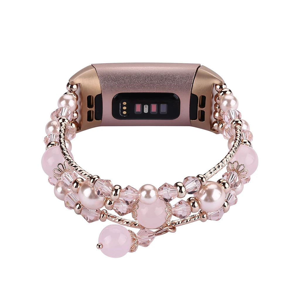 Fashion beaded strap for Fitbit Charge 6, 5, 4, 3; stylish smartwatch band with chic pink jewelry design.