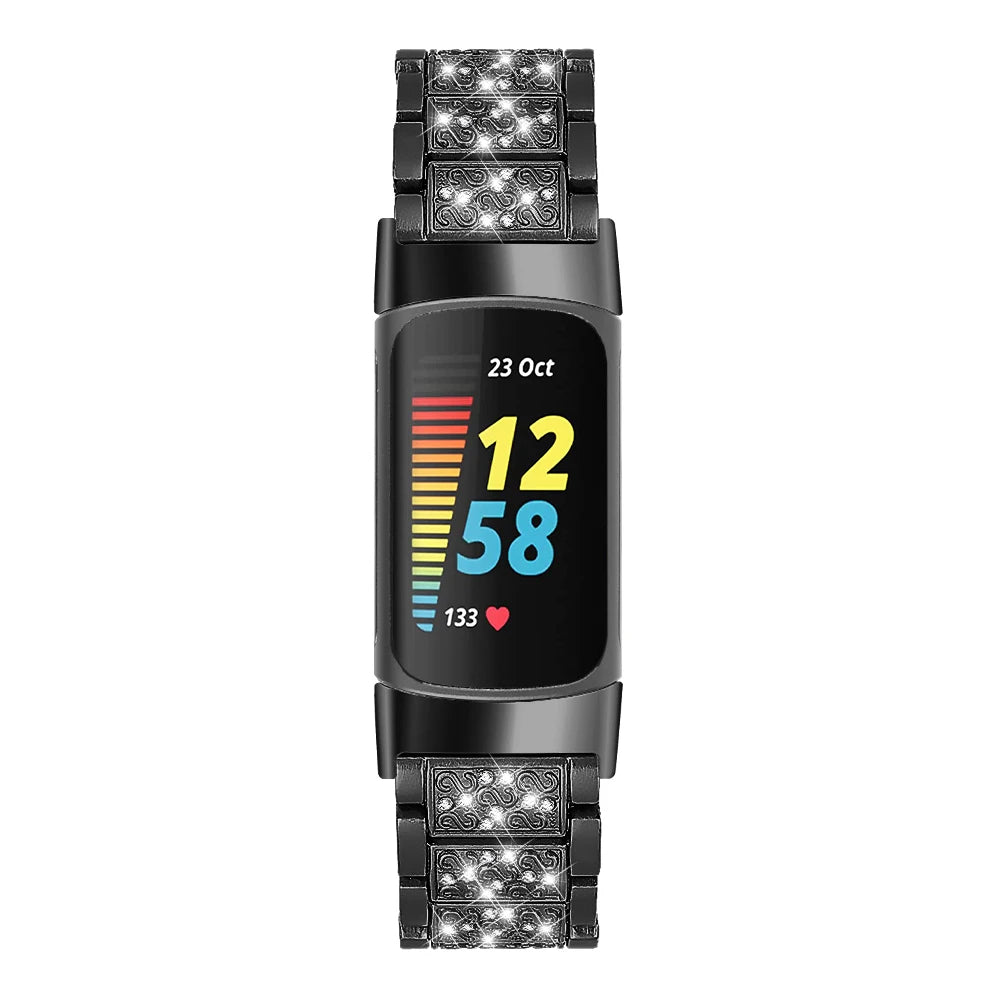 Fitbit Charge 6 luxury metal band with rhinestones, stylish smartwatch strap for elegance and functionality.