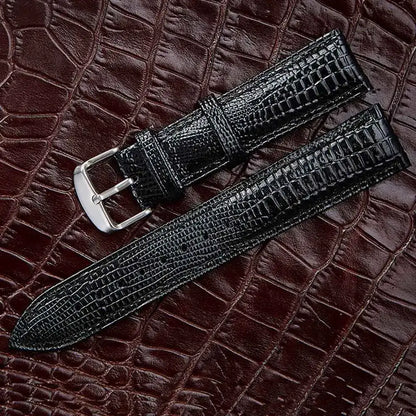 Black leather strap for Ticwatch with silver buckle on textured background, perfect for enhancing watch style.