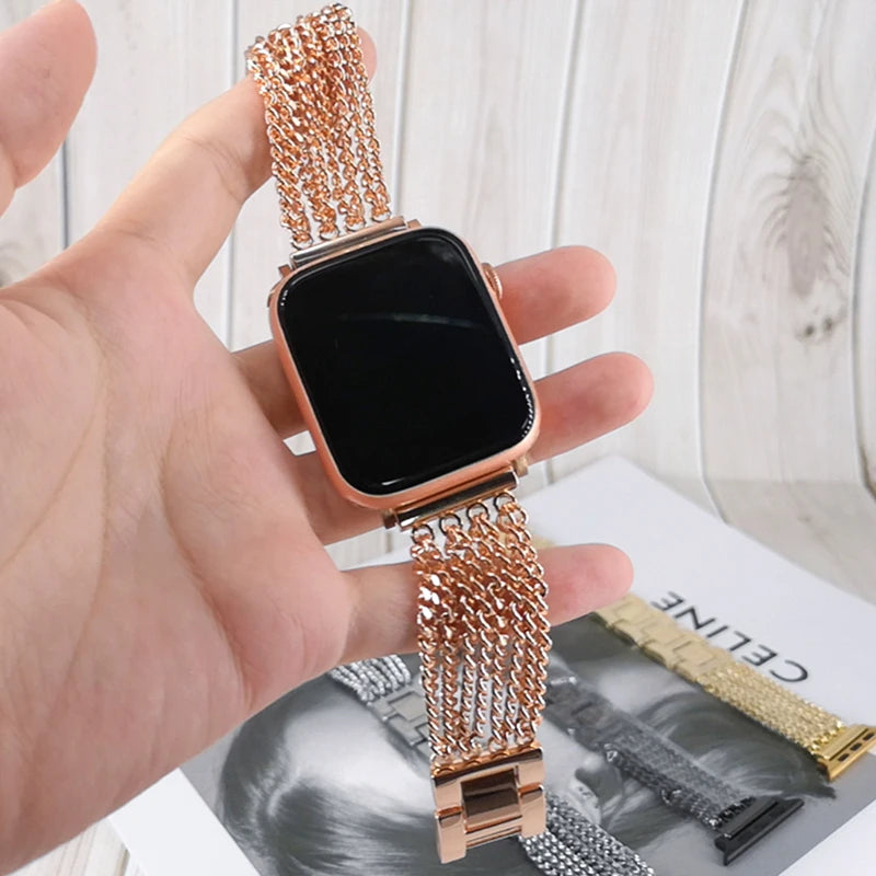 Rose Gold multi-strand chain Apple Watch bracelet held in hand