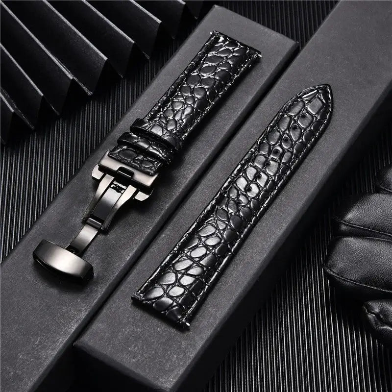 TicWatch Crocodile-Pattern Leather Clasp Band - Black / Black Clasp