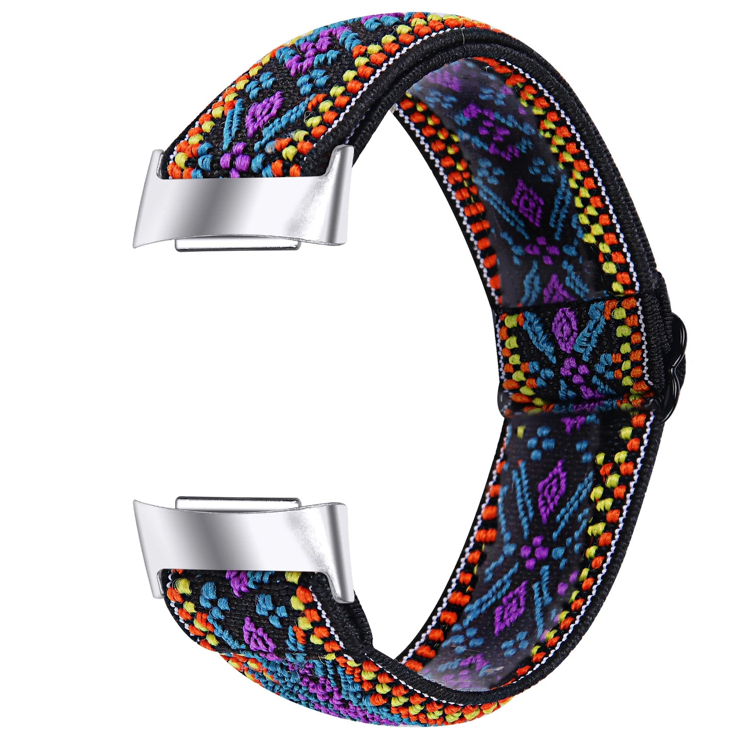 Colorful elastic band for Fitbit Charge 6, featuring stylish nylon design and silver clasp, ideal for fitness enthusiasts.