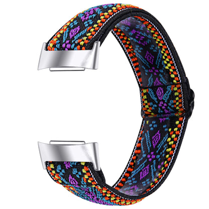 Colorful elastic band for Fitbit Charge 6, featuring stylish nylon design and silver clasp, ideal for fitness enthusiasts.