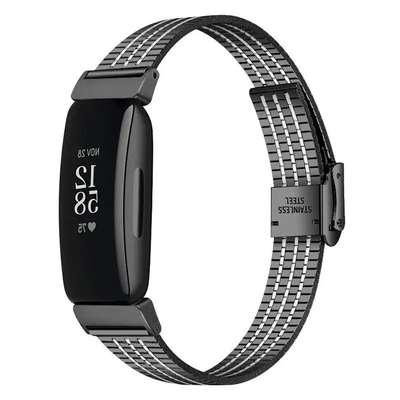 Fitbit Inspire 1/2/HR Fine-Link Steel Clasp Band - Black / Silver Stripes
