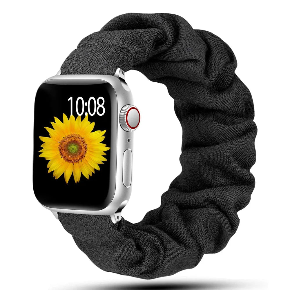 Apple Watch Scrunchie Strap in black, featuring soft elastic nylon loop design for comfort and style.
