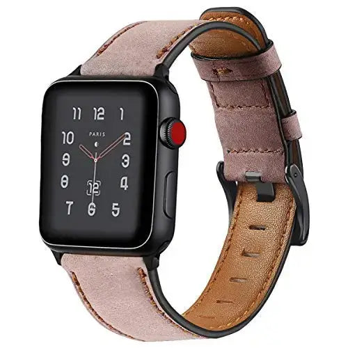 Dusty Rose vintage-style leather Apple Watch band with buckle