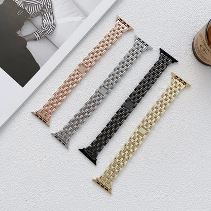 Apple Watch stainless steel band collection in rose gold, silver, black, and gold with elegant diamond design.