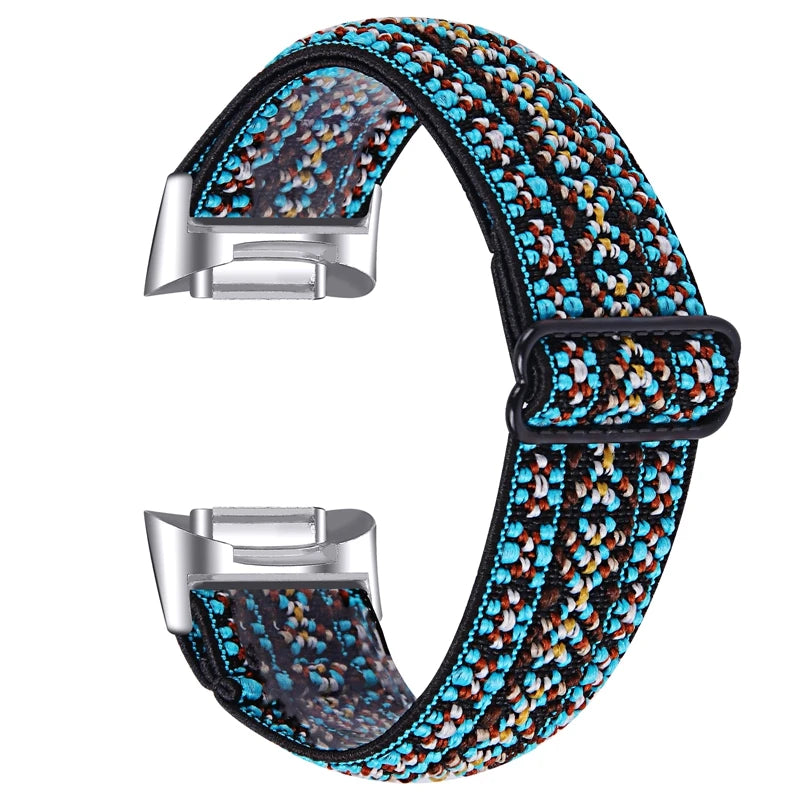 Elastic nylon strap for Fitbit Charge 6 with colorful woven design, perfect for active lifestyles and smartwatch comfort.