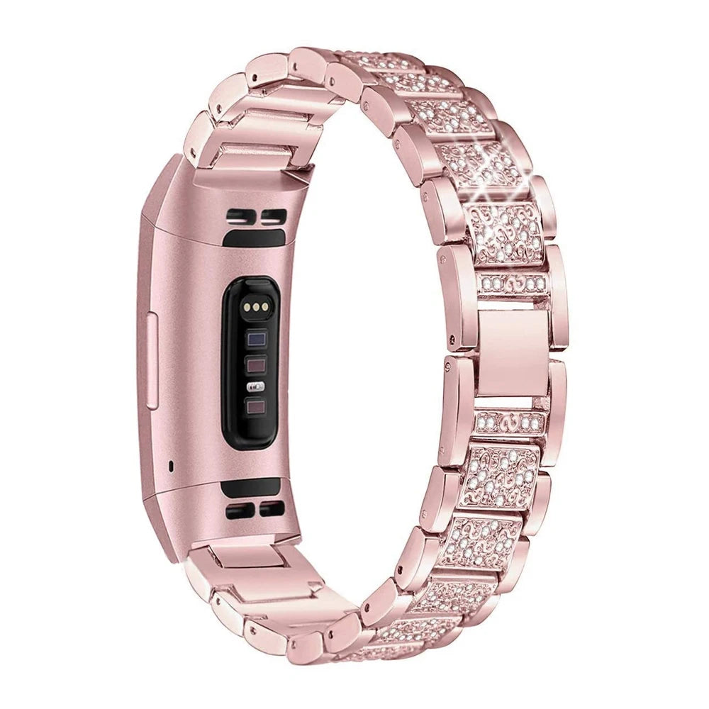 Rose gold luxury rhinestone strap for Fitbit Charge 6, 5, 4, 3 by Bandsco, stylish smartwatch band.