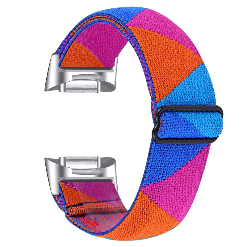 Colorful nylon strap for Fitbit Charge 6 featuring elastic fabric design and adjustable buckle.