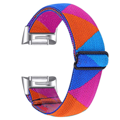 Colorful nylon strap for Fitbit Charge 6 featuring elastic fabric design and adjustable buckle.