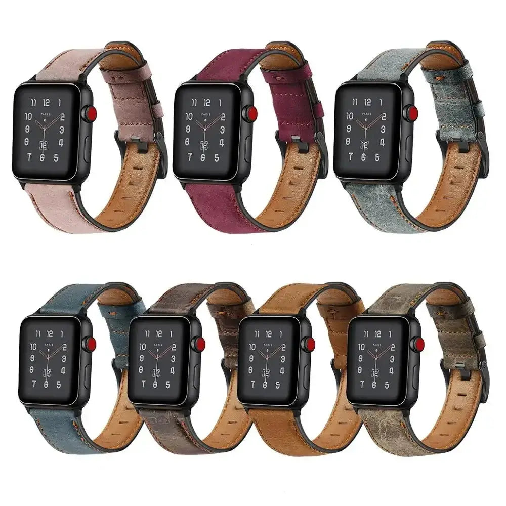 Vintage-style leather Apple Watch bands displayed in several colors