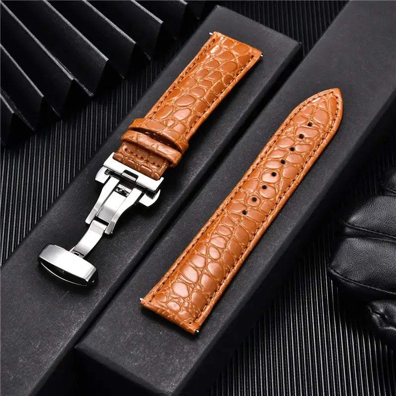 Orange-brown crocodile-pattern leather strap with silver-tone clasp
