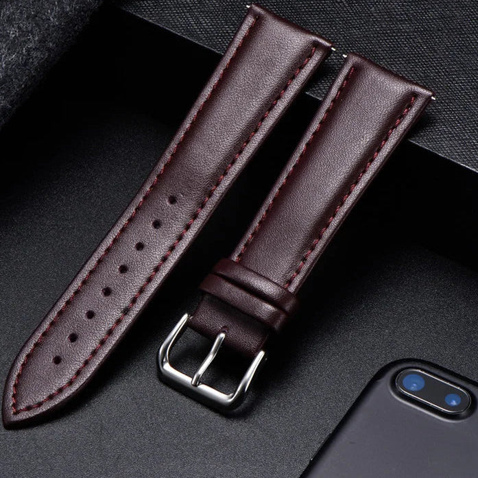 Motorola Moto Watch Band, Soft Calfskin Leather Strap, Steel Buckle displayed on a textured surface.