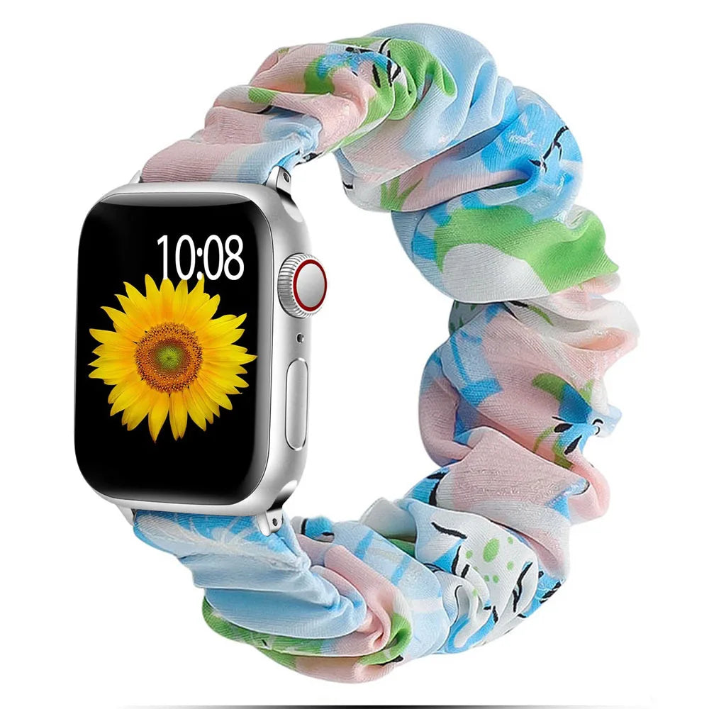 Apple Watch Scrunchie Strap in soft elastic nylon loop with colorful floral design, offering comfort and style for daily wear.