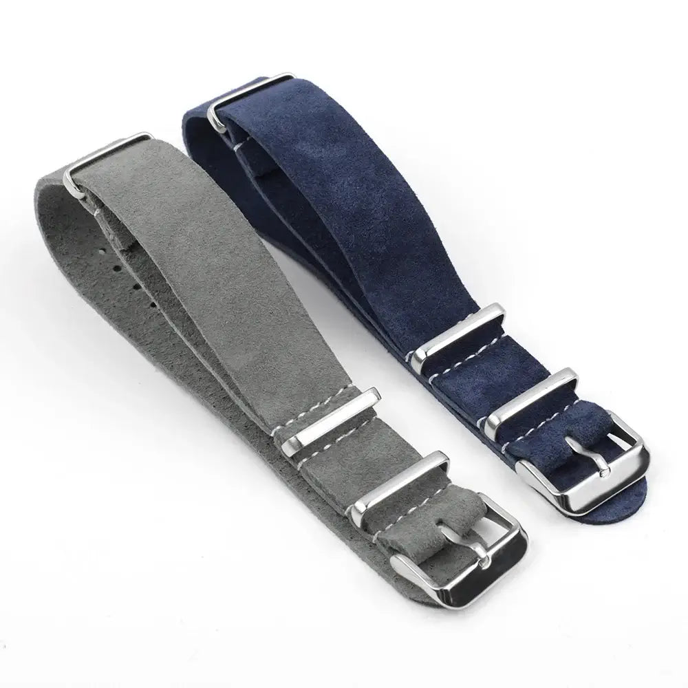 Gray and navy blue suede straps side by side