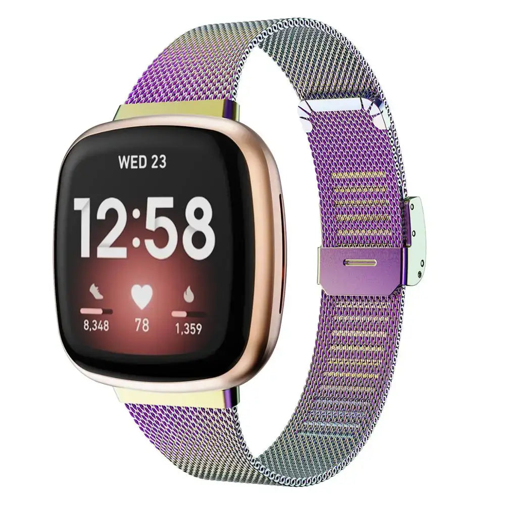 Fitbit Versa 3/4 & Sense 1/2 Steel Mesh Clasp Band - Iridescent rainbow band front view