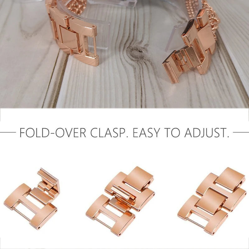 Diagram showing fold-over clasp links on chain Apple Watch bracelet