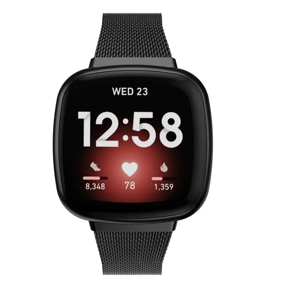 Fitbit Versa 3/4 & Sense 1/2 Steel Mesh Clasp Band - Black band front view
