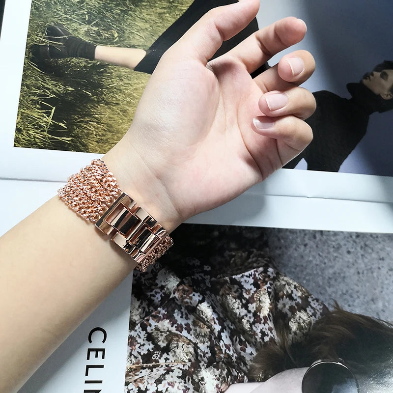 Rose Gold chain Apple Watch bracelet showing clasp links worn on wrist