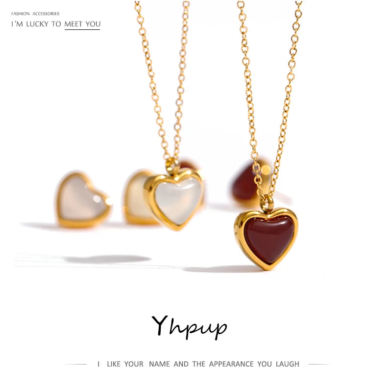 Agate Heart Pendant Necklace, Stainless Steel - view 1