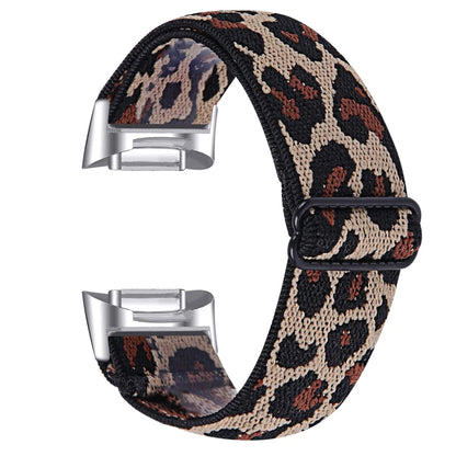 Elastic nylon strap for smartwatch in leopard print design, perfect for Fitbit Charge 6 and Bandsco straps.