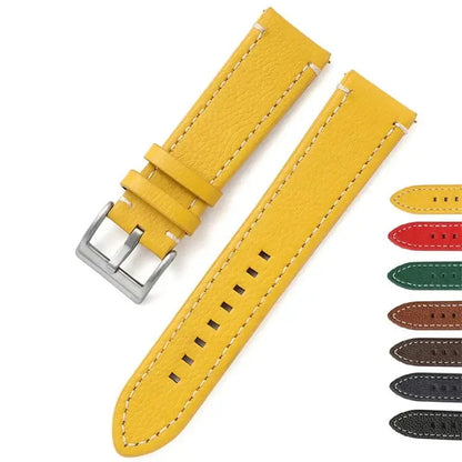 Yellow leather Suunto watch band with silver buckle, showcasing modern style and durability for daily wear.