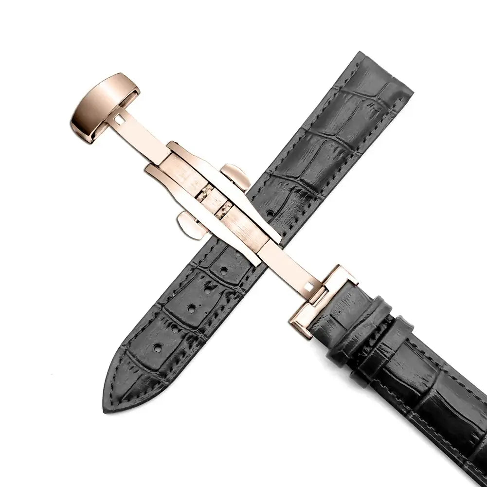 Samsung Galaxy Watch Embossed Leather Butterfly-Clasp Band in Black / Rose Gold Clasp