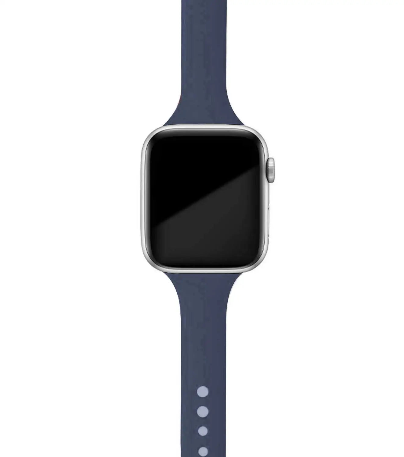 Apple Watch with blue silicone band, soft and comfortable for everyday wear and versatile style.
