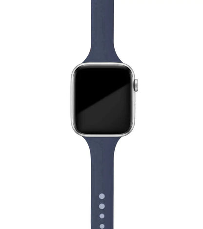 Apple Watch with blue silicone band, soft and comfortable for everyday wear and versatile style.