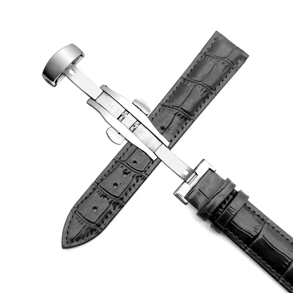 Suunto Crocodile-Pattern Leather Butterfly Band - Black / Silver Clasp