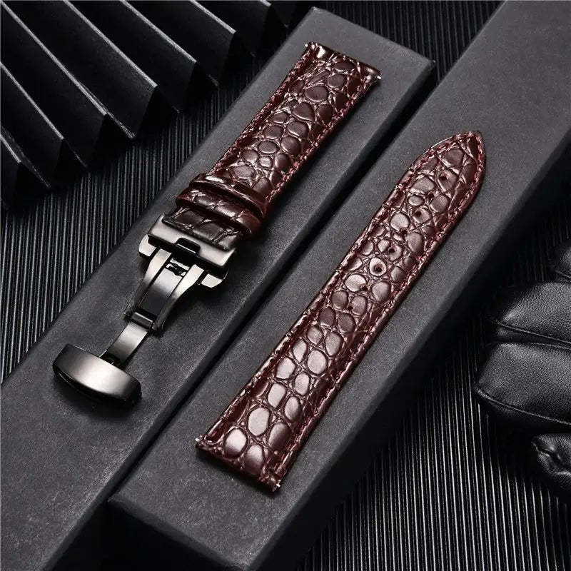 TicWatch Crocodile-Pattern Leather Clasp Band - Dark Brown / Black Clasp
